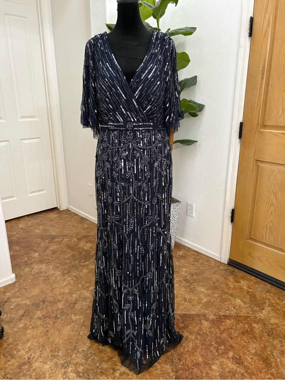 Mac Duggal Embellished Navy V-Neck Evening Gown